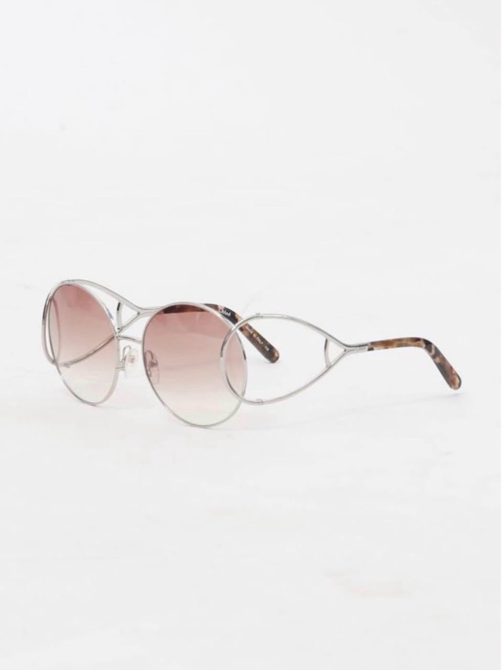 Chloe Silver Frame Pink Gradient Round Sunglasses with Tortoiseshell Temples